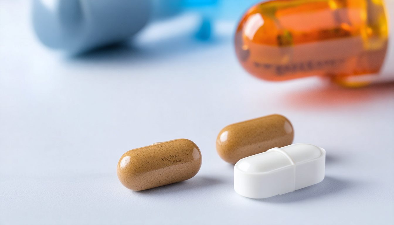 Blister pack of tadalafil tablets next to a glass of water and a medical information leaflet